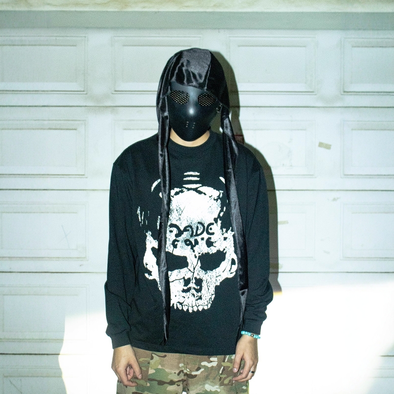 做旧棉黑数码直喷印花长袖宽松T