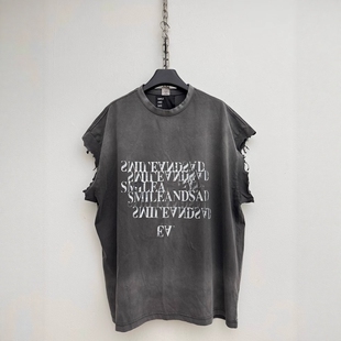 Without Me/ SMILEANDSAD2.0手工渐变标语不规则水洗做旧坎肩短袖