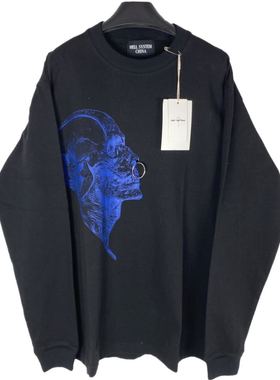 WithoutMe/1ofr Remake黑色骷髅头蓝色印花独特设计鼻扣廓形卫衣