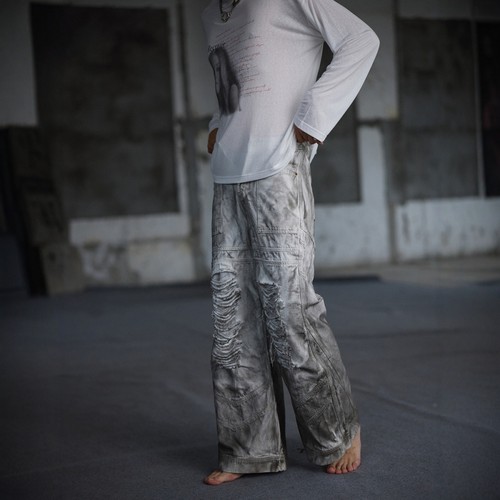 复古水洗灰色设计感拖地长裤子