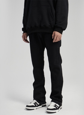 WithoutMe/基础水洗黑色裤脚毛边设计牛仔裤弹力直筒纯色百搭长裤