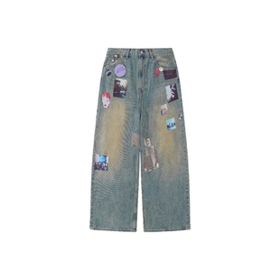 Without Me/ SMILEANDSAD手工朋克摇滚贴纸Baggy阔腿宽水洗黄泥裤