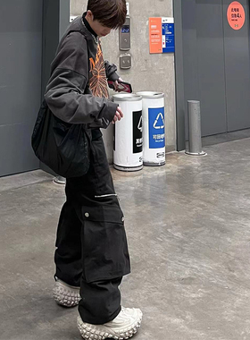 Without Me/KINETIC水洗黑色拉链工装裤宽松立体大口袋阔腿微喇裤