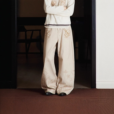 花卉印花牛仔裤口袋刺绣弯刀阔腿