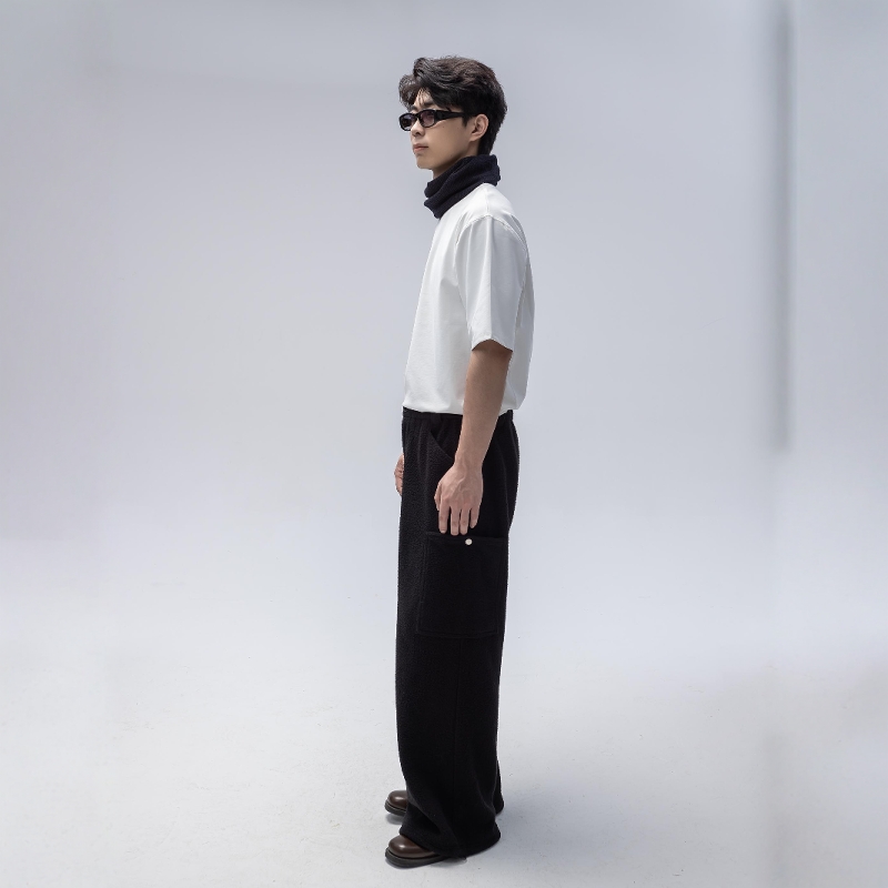 摇粒绒贴袋高腰宽松休闲长裤