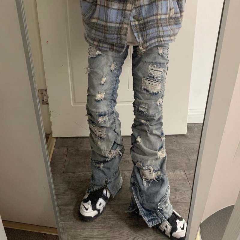 WithoutMe/做旧水洗破坏超长修身版型褶皱牛仔神裤remake长裤显瘦