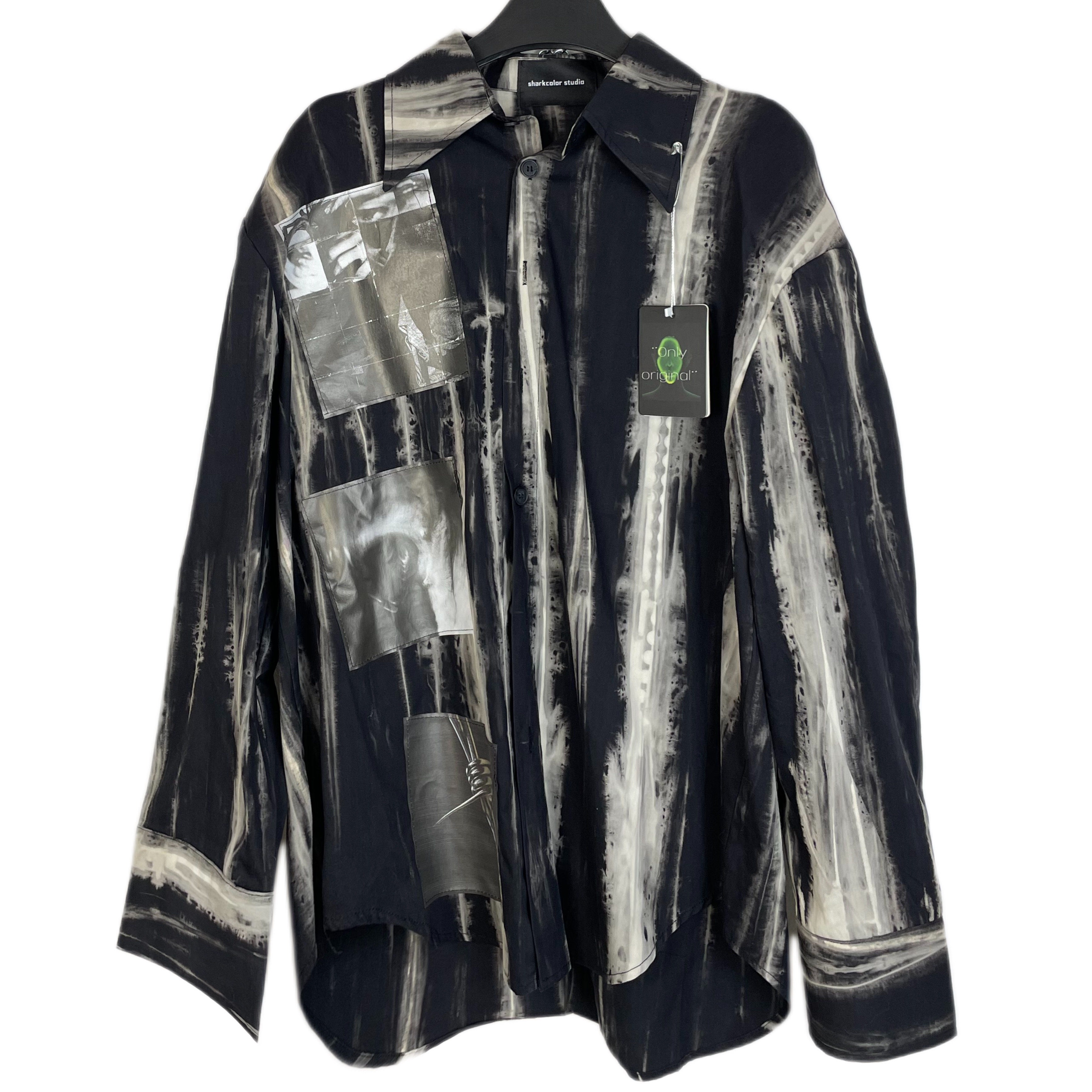 Without Me/小众贴布设计宽松廓形垫肩宽松不规则扎染纯棉衬衫