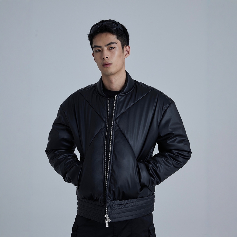 金属拉丝皮革羽绒棉衣外套秋冬