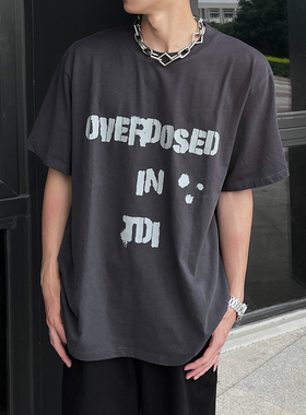 WithoutMe/KINETIC水洗灰色龟裂纹英文标语短袖圆领T恤休闲男女潮