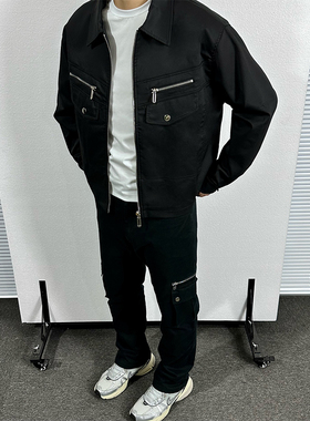 Without Me/KINETIC黑色拉链工装裤宽松大口袋微喇显瘦休闲直筒裤