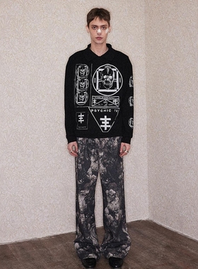 Without Me/RICHILL 25SS 黑色Psychic TV裂纹印花长袖T恤宽松