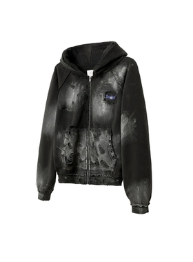 WithoutMe/MU LAB黑色水洗褪色做旧战损连帽拉链卫衣外套宽松男女