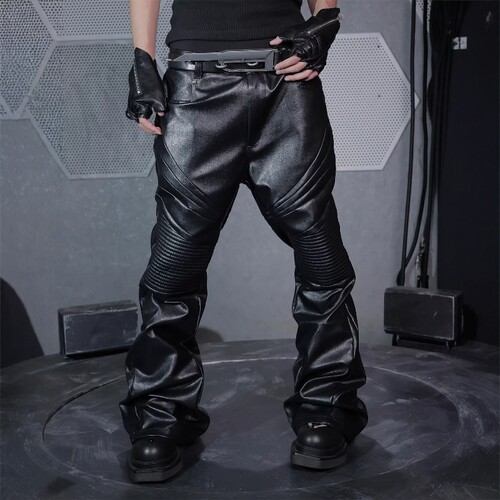 先锋暗黑机车微喇皮革长裤