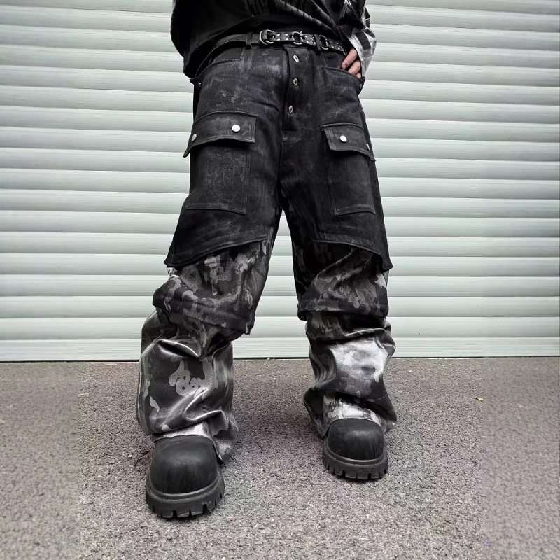 暗黑先锋迷彩结构阔腿裤