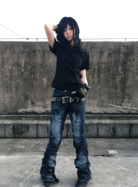 WithoutMe/VAMHRT美式复古水洗做旧喷白口袋褶皱人像印花休闲长裤