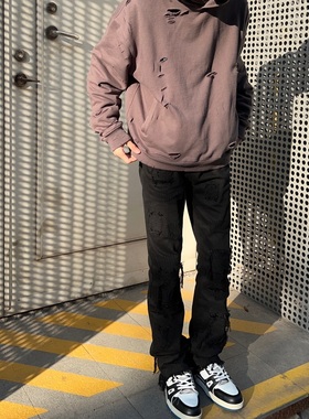 Without Me/vintage微喇中腰黑色大破坏糜烂流须贴布牛仔长裤潮男