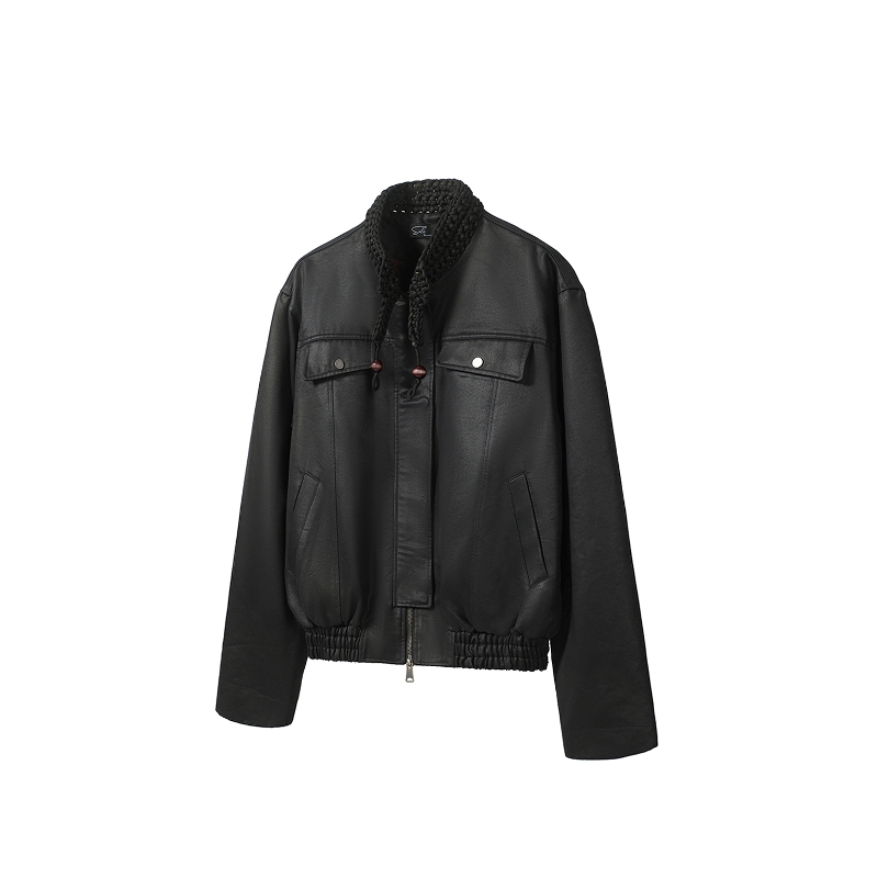 编织领机车皮衣洗水机车立领