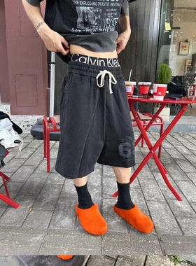 WithoutMe sonnet18莎士比亚诗歌印花抽绳松紧腰宽松水洗七分短裤