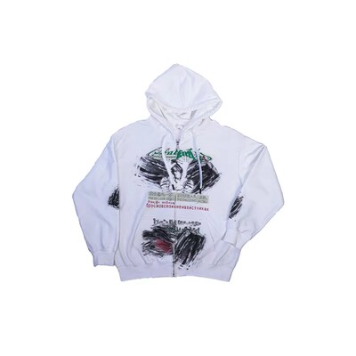 白色涂鸦标语宽松拉链连帽卫衣
