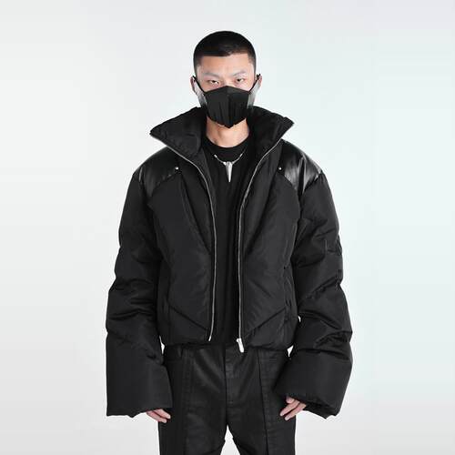喇叭袖拼皮廓形羽绒棉服