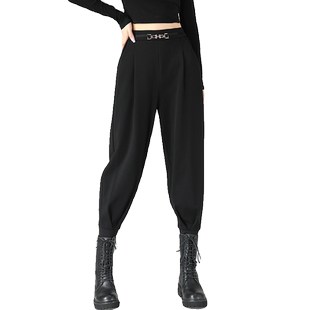 女士黑色加绒束脚哈伦裤女2025新款秋冬小个子休闲萝卜马丁靴裤女