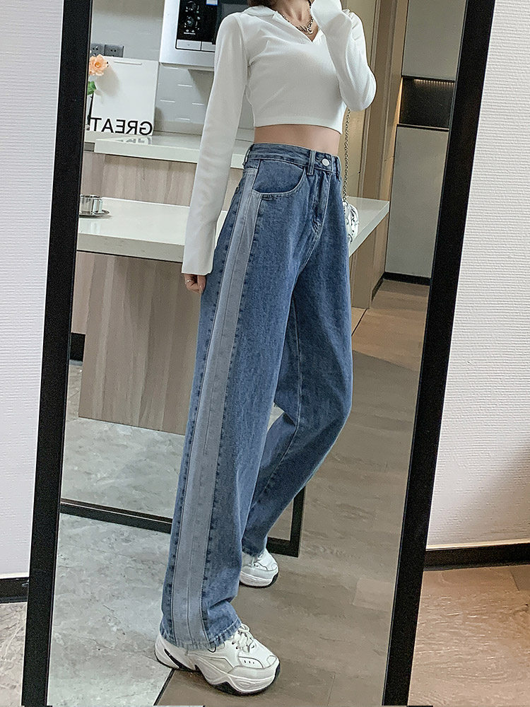 SPLICING AND CONTRASTING COLOR JEANS WOMENS SPRING AND AUTUMN HIGH WAIST LOOSE AND THIN STRAIGHT TUBE LARGE SIZE SUMMER DRAPE WIDE-LEG MOPPING PANTS
