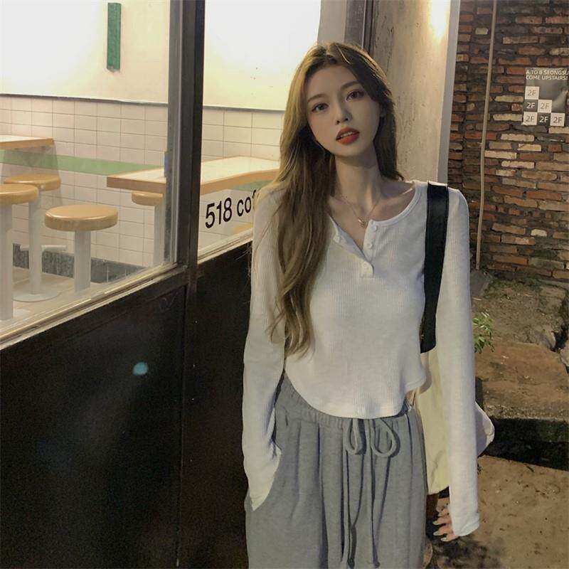 设计感长袖t恤女2025春秋新款韩版修身小心机打底衫短款学生上衣
