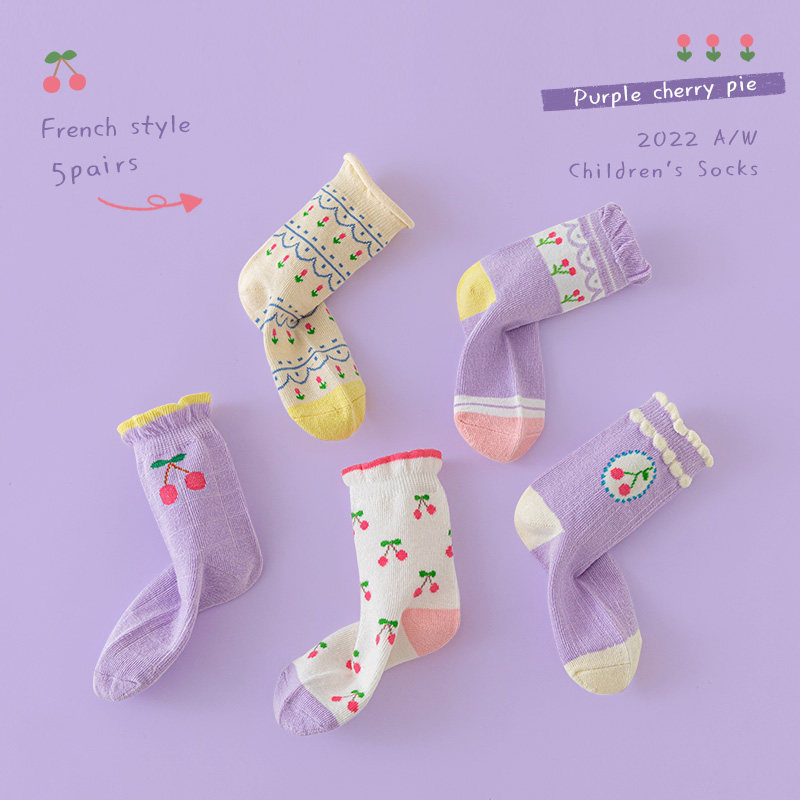 儿童袜子春秋纯棉薄款女童袜子紫色樱桃秋冬中筒袜男宝宝秋季短袜