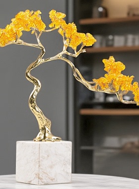轻奢黄铜水晶发财树摆件乔迁送礼