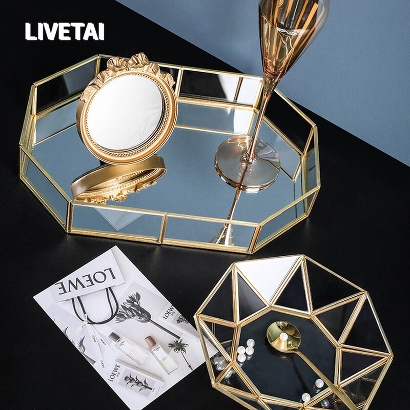 LIVETAI 北欧ins金边玻璃镜面托盘 金色收纳展示盘首饰盒珠宝摆设
