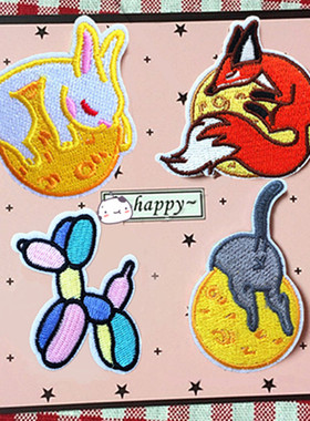 晚安系列月球上的猫趣味猫咪刺绣贴布布贴动物补丁贴月球上的小兔