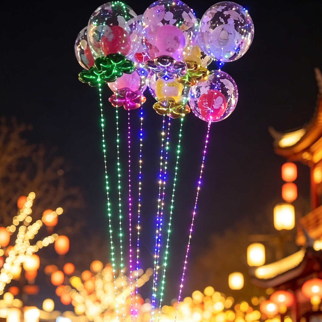 发光灯丝波波球串彩色透明装饰夜市公园节日气球带灯摆摊玩具气球