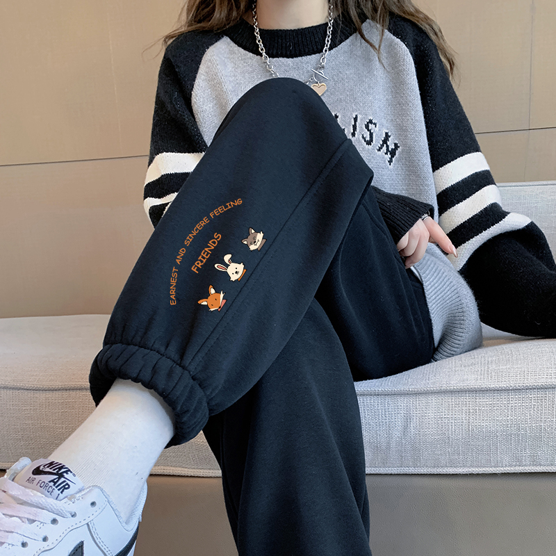 黑色卫裤女春秋新款卡通冬季加绒运动裤百搭通勤束脚休闲裤小个子