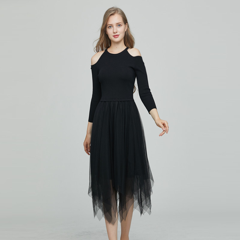 摩达女装2019秋冬新款网纱拼接露肩七分袖连衣裙ch319361509