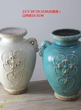 美式乡村地中海蓝色做旧陶瓷花瓶家居板房橱窗软装特色装饰品