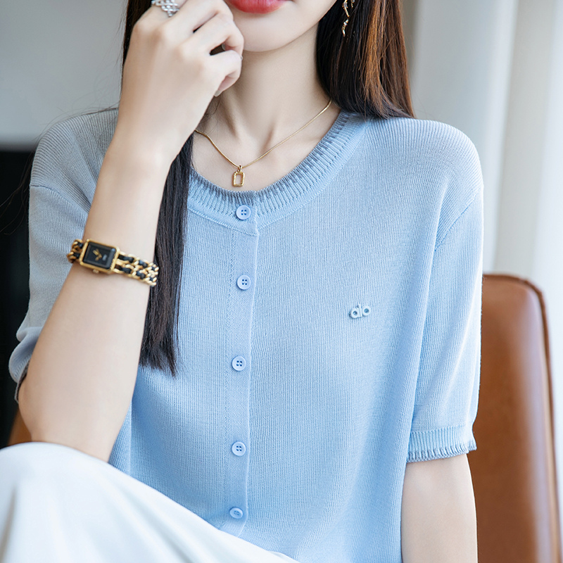 高级质感~针织开衫短袖女2025夏薄圆领撞色设计感小众上衣t恤小衫