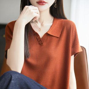 薄款 夏季 宽松别致洋气天丝打底上衣 t恤女2025新款 polo领针织短袖