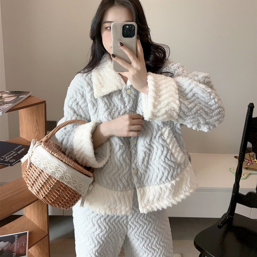睡衣女秋冬季珊瑚绒加绒加厚高级感轻奢毛毛领可外穿家居服套装冬