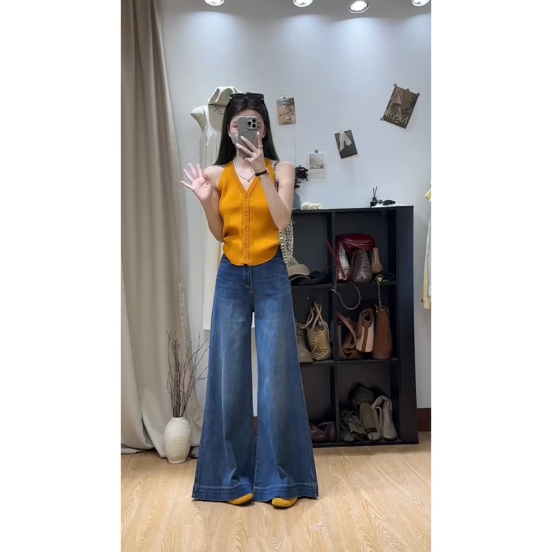 上衣蓝色高腰阔腿牛仔裤两件套女