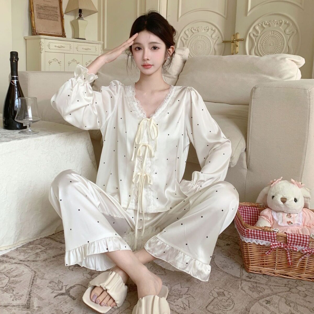 睡衣少女春秋季高密冰丝法式轻奢高级感长袖可外穿家居服套装女
