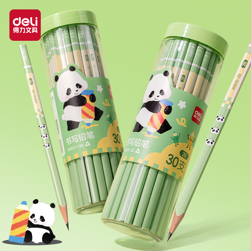得力熊猫桶装铅笔卡通三角杆学生专用铅笔沾顶工艺原木笔杆2B儿童小学生一年级HB盒装二年级幼儿园练字初学者