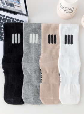 FG复古三条杠纯色棉袜男女中长筒袜子ins同款竖条运动潮袜