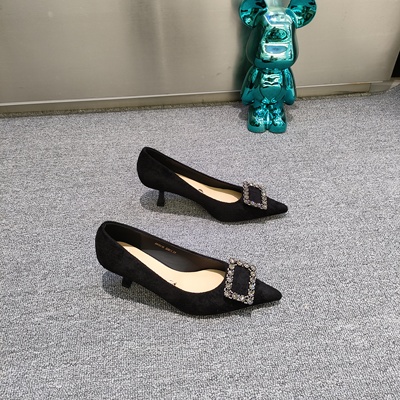 一代佳人尖头浅口水钻绒面高跟鞋2025秋季新款时尚气质简约百搭女