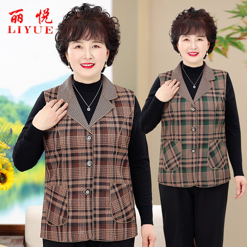 中老年人春装马甲女奶格子图片
