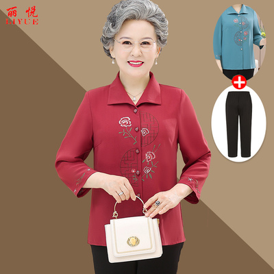 奶奶春装衬衫女中老年人妈妈上衣套装老人衣服夏装老太太衬衣女装