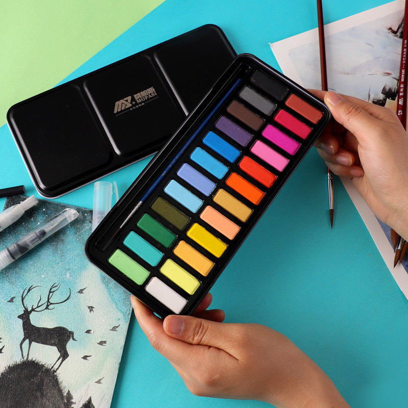 固体水彩颜料套装24色画笔36色水彩盒工具箱套装铁盒学生初学者