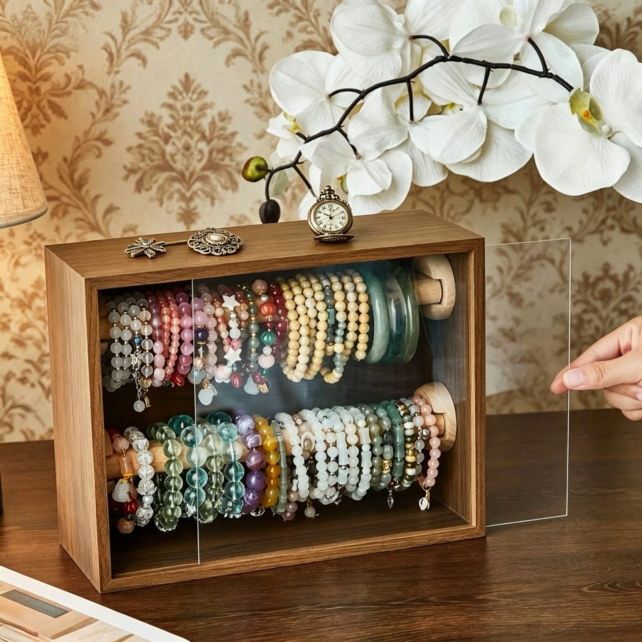 胡桃木色手串展示箱 可拆卸横杆 多层叠加不占地 文玩手镯收纳盒