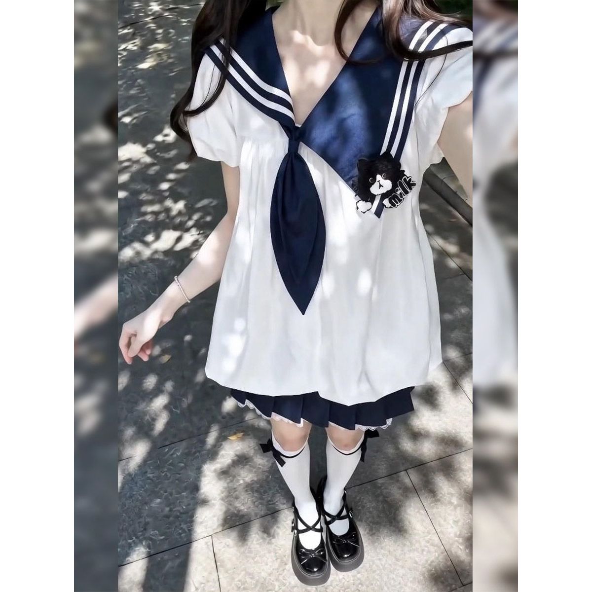 日系学院风海军领上衣+百褶半裙套装女新款设计感宽松百搭两件套