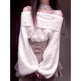 日系清楚系量产型露肩上衣+高腰半裙套装小众千金甜美温柔毛衣女