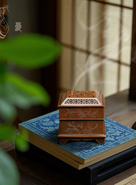 庆松堂苏工铜炉名家胡庆松制紫铜覆古方刻花印香炉打香篆礼佛薰香